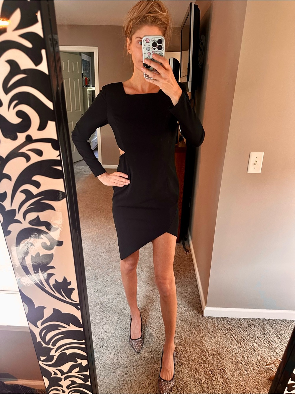 Black Long-Sleeve Mini Dress with Side Cutout